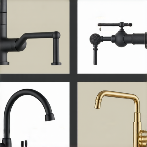四種不同風格的水龍頭展示，分別為現代簡約、古典歐式、工業風及豪華金色，透過設計提升家庭品味，突顯廚房或衛浴的質感與風格。