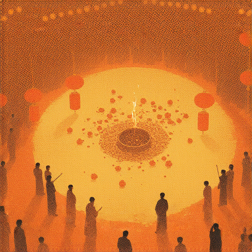 盂蘭節慶祝活動的文化圖像，展現祭祀的場景，燈籠和香火，背景有熱鬧的圓環，象徵著對祖先的尊敬及紀念，提升大家的英文對話技巧。