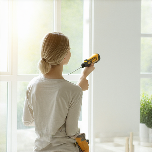 手拿LED燈具安裝工具的女性，面對亮麗的房間，展示如何輕鬆安裝LED燈具的過程，陽光透過窗戶照進來，讓空間瞬間變亮，提升居家氛圍。