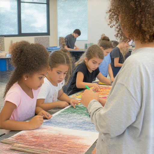 外籍教師指導學生進行絲網印刷藝術創作，學生專心學習，提升英文語言能力，課程環境活潑，展現一對一教學的互動性與創意學習氛圍。