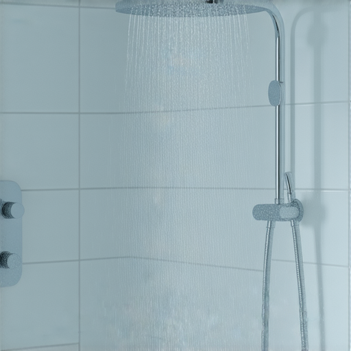 低水壓淋浴情景，水流細弱如小溪，顯示家庭浴室內的淋浴設備和水管，鼓勵尋找解決低水壓問題的妙招，提升沐浴體驗。