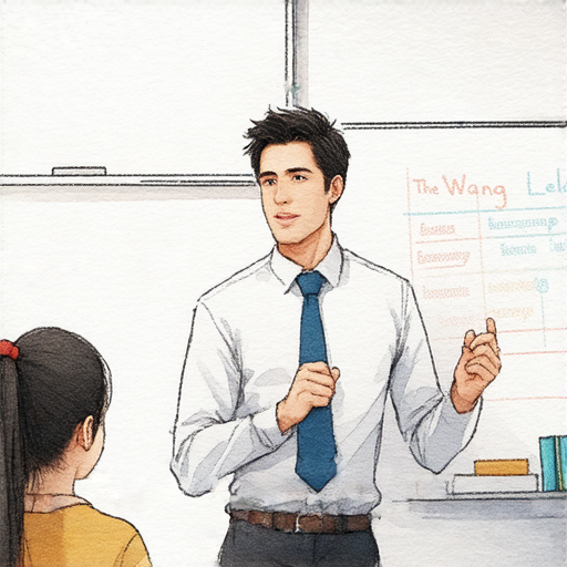 一位外籍老師教授學生英文，教室內有白板和學習材料，學生專心聆聽，展現潘瑋柏的英文魅力，強調一對一教學的重要性，開啟語言學習之旅。