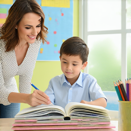 外籍英文老師與學生進行一對一的英語學習，幫助學生自信開學，背景為明亮的教室環境，強調返校必備的學習資源。