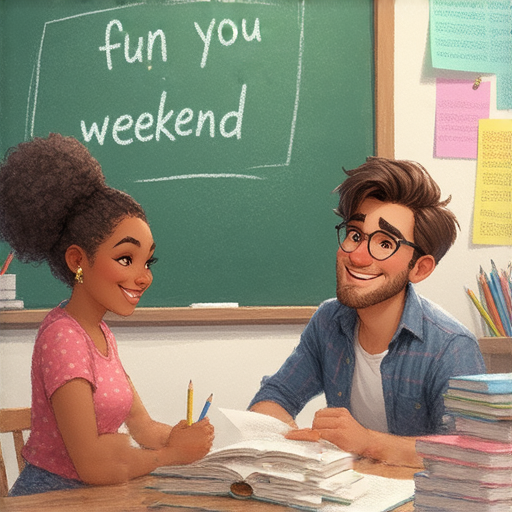 外籍老師一對一英語教學的圖片，週末愉快主題，強調提升英語能力的樂趣，讓假期更加精彩，吸引學習者了解相關課程和機會。