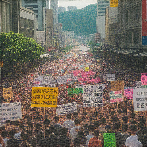 手舉牌的香港街頭場景，傳達抗議或支持的信息，手舉牌上寫有標語，展現市民熱情參與社會運動，反映出香港的獨特文化與社會議題，背後故事引人入勝。