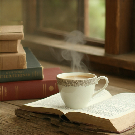 探索幸福的秘密，透過英文閱讀揭示心靈滿足的真諦，圖片展示書籍、咖啡和舒適的閱讀環境，象徵知識和心靈的寧靜，營造幸福氛圍。