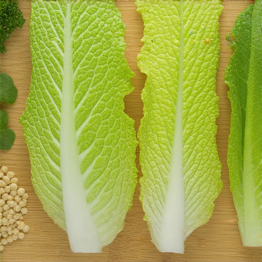 娃娃菜與油麥菜擺放在餐桌上，清新色彩誘人，展示其獨特的葉片形狀，周圍擺放健康食材，強調它們的營養價值和食用技巧，吸引人探索飲食新選擇。