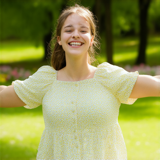 一位微笑的年輕女性在陽光明媚的公園中，雙手伸展，享受生活。她象徵著正面思維如何轉變人生，彰顯潛能與自信，鼓勵他人發現內在力量。