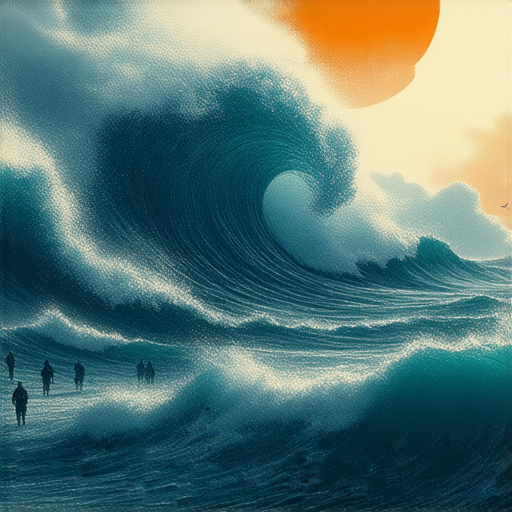 海嘯警報場景，顯示急需行動的緊急情況，突顯《揭開權限的秘密：海嘯來襲，為何你必須立即行動！》的主題，強調社會對災難準備的重要性，呼籲民眾提高警覺。