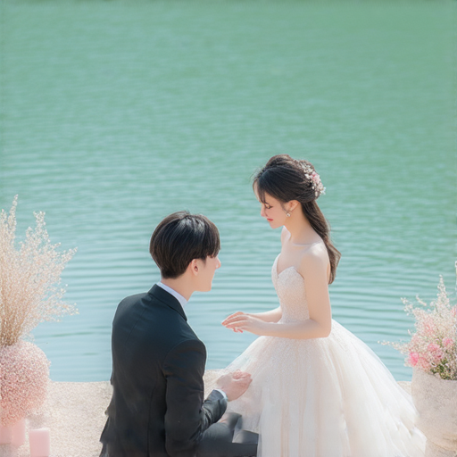 浪漫求婚場景，主角在美麗水邊跪下，手持戒指，滿眼期待，周圍充滿驚喜裝飾，展現《水漬求婚：他如何讓這場浪漫灑滿驚喜》的感人氛圍。