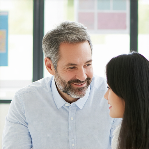提升英文能力的外籍老師一對一教學場景，學員專注與老師互動，教室環境明亮，激勵學習英文，開啟流利之路，體驗個性化指導。