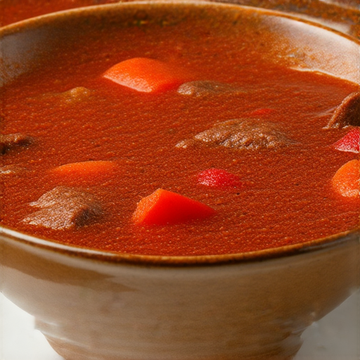 壯麗的羅宋湯擺在餐桌上，湯面飄浮著鮮嫩的牛肉和紅燈籠椒，色彩鮮豔，散發出誘人的香氣，展示這道經典美味的獨特風味。