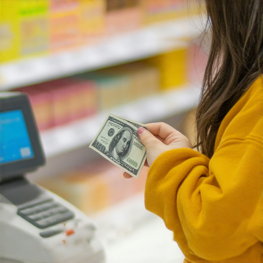 一位顧客在商店內快速找到付款方式，手持現金與信用卡，表情輕鬆自在，背景展示商品和結帳臺，傳達解密快速找錢技巧的主題，讓結帳從不手忙腳亂。