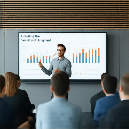 一位專家正在展示解決方案的圖表，旁邊是思考中的觀眾，背景是專業的會議室，標題是揭開判斷的秘密，強調解決方案的影響力。