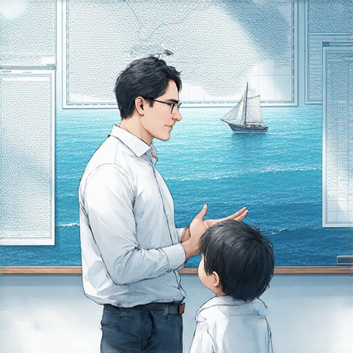 探索海事英文奧秘的圖片，外籍老師一對一教學，學生專注學習，開啟航海之旅，展現海洋知識和語言技巧的結合，激發學習熱情與興趣。