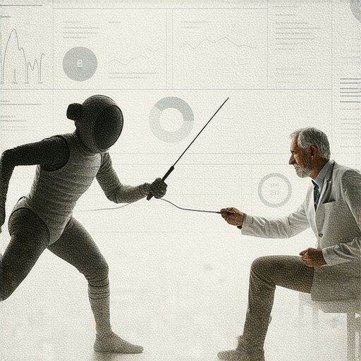 劍擊術的秘密世界與醫學覆診的關聯，揭示健康影響的要素，圖片展現劍擊運動員與醫療專家互動，強調雙方對健康的重視與影響。