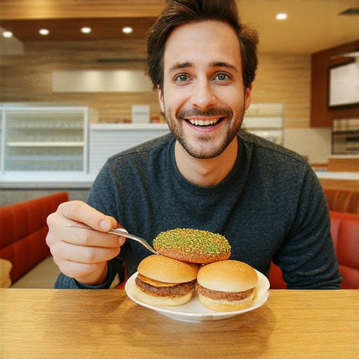 一位顧客在分店內悠閒用餐，笑容滿面，周圍環境溫馨，各種美食吸引眼球，顯示超速服務吸引顧客流連不去的原因。
