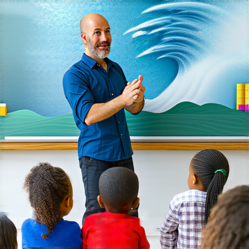 外籍英文老師在教室裡指導學生，學習如何提升英語能力，圖片背景展示水龍捲的概念，融合語言學習與自然現象的趣味，展現學習過程中的互動與啟發。