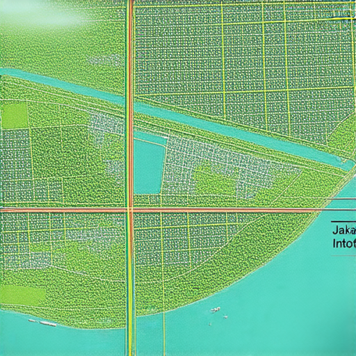 從雅加達搬遷至新生地的印尼首都建設示意圖，展示新首都規劃藍圖，包括城市設施、交通網絡及綠化布局，揭示印尼首都遷移背後的發展潛力和環保理念。