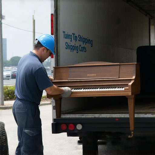 搬運鋼琴的專業人員正在小心翼翼地將鋼琴放入運輸車輛中，展示調音秘訣與運費實情的標語，彰顯安全與專業的服務，讓搬運鋼琴不再愁。