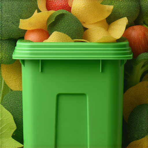 一碗滿是廚餘的綠色環保垃圾桶，周圍有新鮮蔬菜和水果廢料，展示廚餘處理的重要性與環保潛力，揭示不容忽視的環保奇蹟。