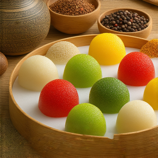新疆美食湯圓與異域風情的融合，色彩繽紛的湯圓配以獨特的調味料，展現出多文化的美味特點，傳遞新疆地區的飲食文化精髓。