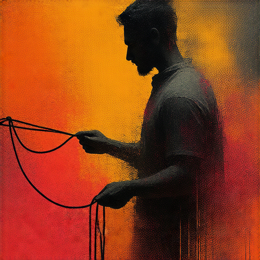 慢熱與繩索的融合創作過程，展示藝術家專注於創意設計，手中捏著繩索，背景充滿色彩與驚喜的元素，象徵探索新可能性的畫面。