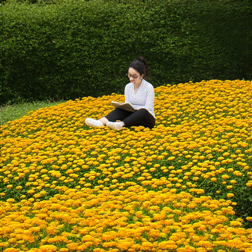 金盏花盛開的美麗花園，鮮豔的金黃色花瓣吸引眼球，同時一位外籍英文老師與學生進行一對一教學，學習氛圍融洽，探索金盏花的神奇魅力。