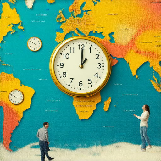 揭示全球時區挑戰的圖片，展示時差混亂的影響，包含時鐘、地圖與人們應對策略，旨在幫助理解時差及其應對方法，為全球旅行者提供實用建議。