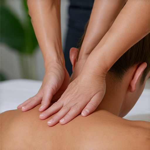 按摩技巧示範，顯示雙手在背部輕柔按壓，並搭配英文提示，幫助學習放鬆技巧，提升身心健康，探索按摩的奧秘與放鬆效果。