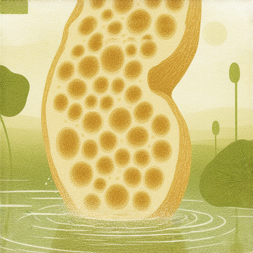 揭開蓮藕的神秘面紗的插圖，展示蓮藕的特寫和其獨特的紋理，呈現英文故事背景，融合自然元素，吸引閱讀者了解蓮藕的文化與歷史。