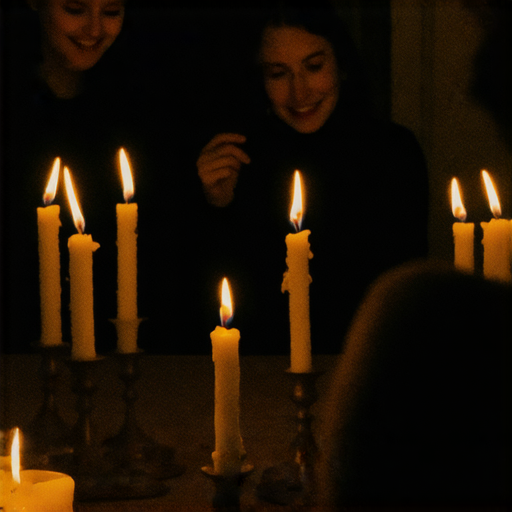 停電時的溫暖場景，一群朋友圍坐在蠟燭旁，分享故事和笑聲，展示陪伴的力量與人際關係的溫暖，強調黑暗中相互支持的重要性，適合《停電時伴你同行》主題。