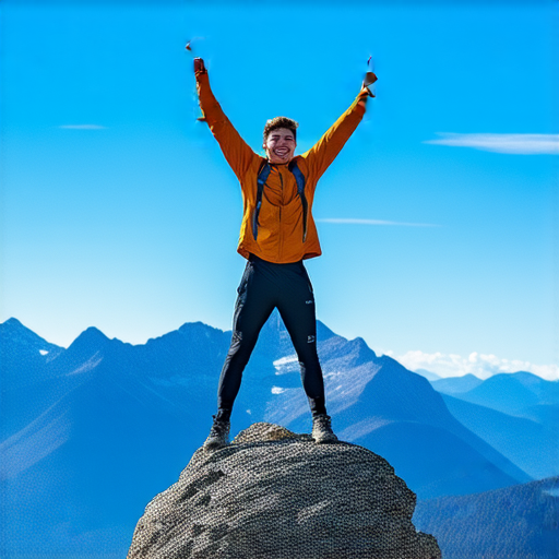 一名自信的年輕人站在高山頂端，雙手舉起慶祝，背景是湛藍的天空和壯麗的山脈，象徵著適應力與成功關鍵。別再等待，立即打開成功的大門。