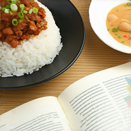 發現肉燥飯的秘密，美味的肉燥飯擺在餐桌上，旁邊放著學英文的教科書，展現美食與學習的完美結合，讓味道和知識雙雙升級。