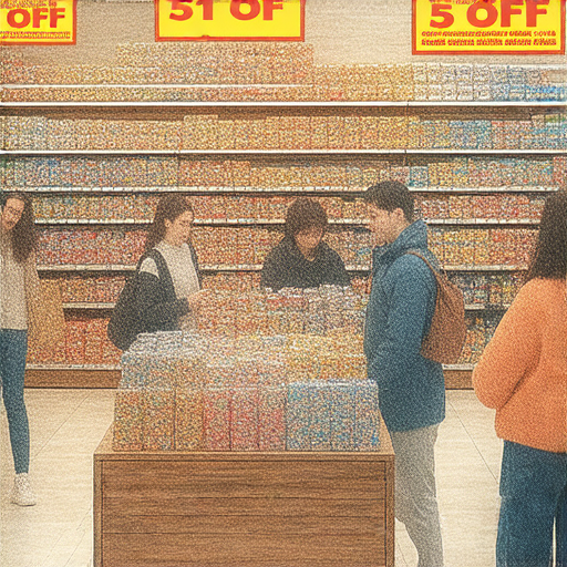 超速衝刺優惠活動，展現分店內豐富的特價商品，顧客興奮地查看商品陳列，促銷標籤顯示難以置信的折扣，吸引顧客前來探索更多隱藏的驚喜優惠。