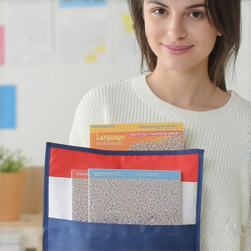 紅白藍袋中特色的英文教材，外籍英文老師一對一教學的場景，展示學生專注學習，提升英語水平的互動環境。