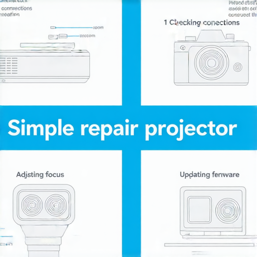 修復投影機步驟圖示，展示清潔鏡頭、檢查連接、調整對焦、更新固件和重新啟動等五個簡單步驟，幫助用戶重獲清晰畫面，提升投影品質。