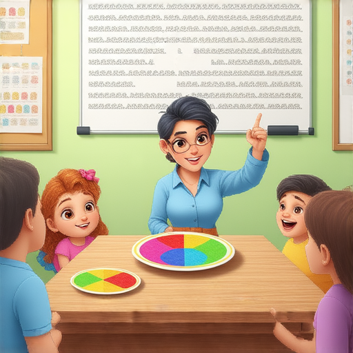 一位外籍老師在教室裡用盤子進行互動式英語教學，學生專注學習，展現盤子與英語學習的意想不到連結，促進創意思維。