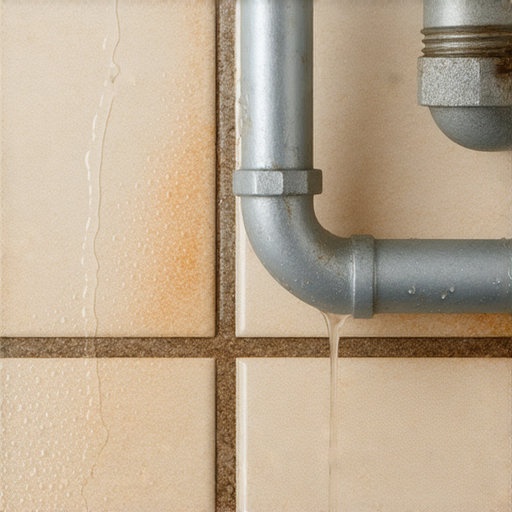 洗手盆水管漏水的情況，水漬滲透在地面上，水管及接頭顯示出漏水跡象，提醒讀者注意小問題可能引發大麻煩，並提供解決辦法的建議。