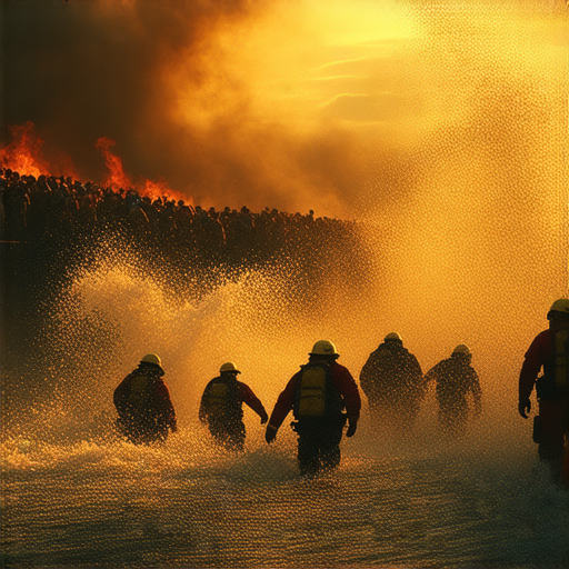 日出康城漏水事件現場，水流湧出造成周圍居民驚慌，消防人員正在進行搶救，背後真相引人關注，讓人不寒而慄的場景。