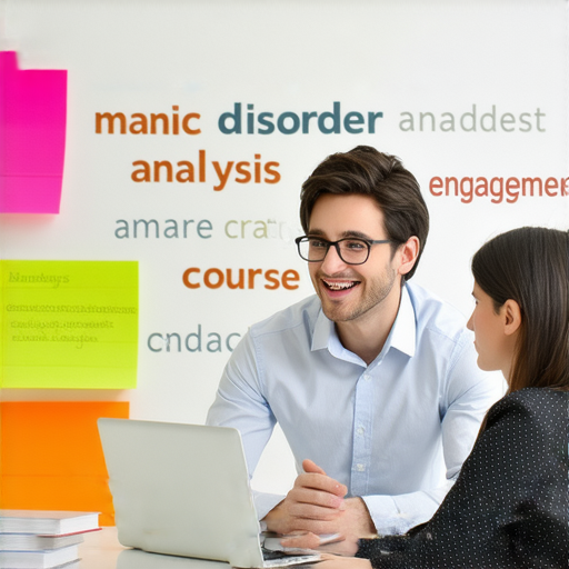 狂躁症解析課程的宣傳圖，外籍老師與學生進行一對一學習，背景中有英文關鍵詞，強調學習的互動與專業。