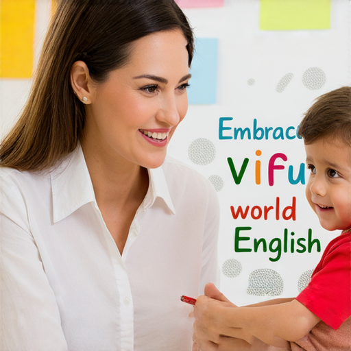 外籍老師一對一教學，學生在愉快的氛圍中學習英文，表現出自信的表情，背景顯示英文字母和文化元素，強調擁抱洶湧的英文世界的主題。