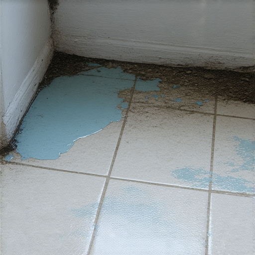 浴室地板漏水的隱藏危機，水漬明顯，牆壁出現潮濕現象，提醒居家維護的重要性，找出漏水原因以避免更大損失。