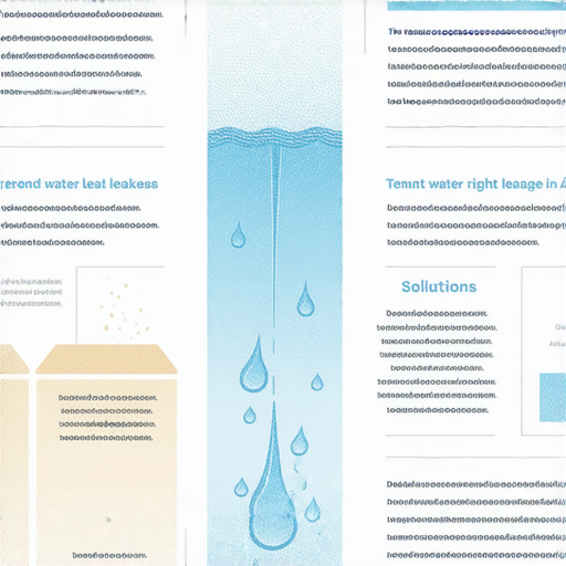 租屋漏水問題的圖解，展示租客權益與解決方案。圖片中有漏水情況的示意、租客與房東的對話，以及相關法律資訊，幫助租客了解解決漏水問題的權利和步驟。
