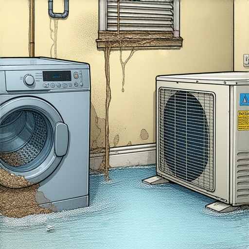 洗衣機和冷氣機排水管漏水的解決方案，展示排水管不當安裝及水災損害的情況，提醒家庭注意排水管的維護，減少水災對家居的影響。