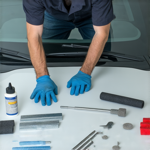 天窗漏水維修的工具與材料，展示維修過程與費用細節，以及專業人員正在進行的操作，幫助車主理解天窗漏水維修的費用和流程，提升維修知識。