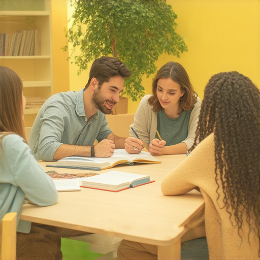 外籍導師與學生互動，促進英語技能提升。畫面呈現熱情的學習氛圍，透過專業指導，開啟語言掌握的旅程。加入我們的行列，提升您的英語交流能力。