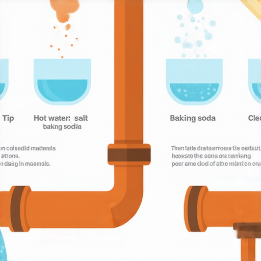 水管堵塞問題的解決方法示意圖，顯示五個有效秘訣，包含使用熱水、鹽和小蘇打等家庭常見材料，幫助用戶輕鬆解決水管堵塞，保持排水暢通。
