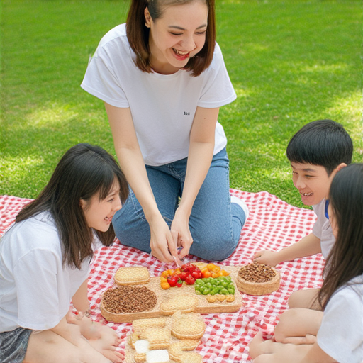 外籍老師帶領學生在野餐墊上學習英文，學生們享受美味食物與自然風光，活動中充滿笑聲與交流，體驗野餐的樂趣，探索文化差異。