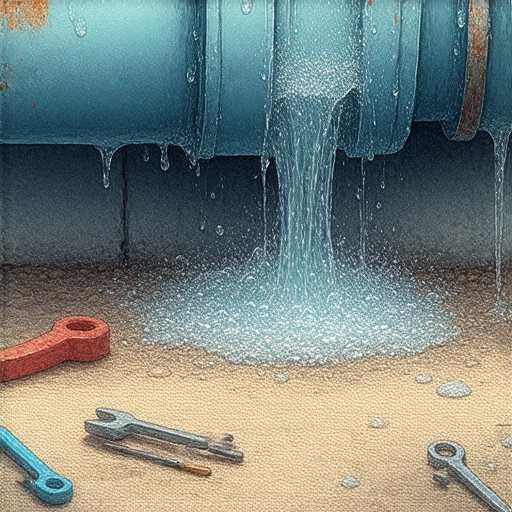 水管漏水問題的圖片，展示漏水位置和水濺起來的場景，圖中旁邊有自救技巧的小工具，強調一滴不漏的概念，揭示水管漏水背後的真相。